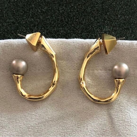 ALEXIS BITTAR Pearl Capped Twisted Gold Open Hoop Post Earrings - Picture 7 of 14